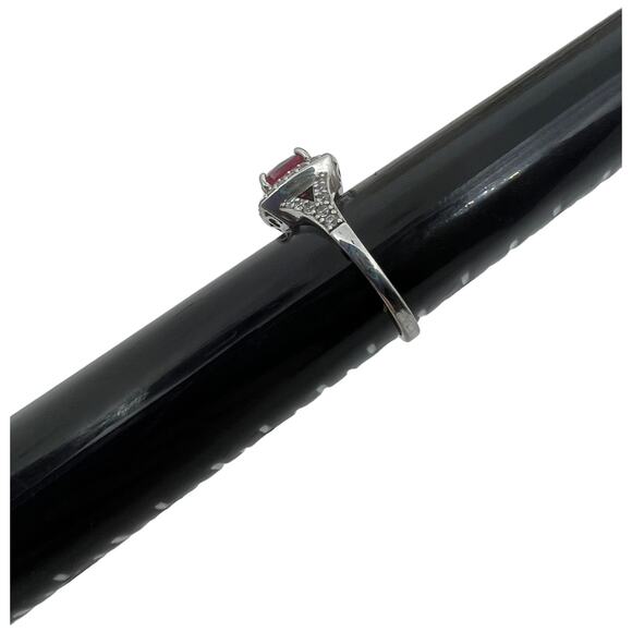 Sterling Silver 925 Ruby Red CZ Halo Ring Art Deco Style Size 6.5 - Picture 10 of 13